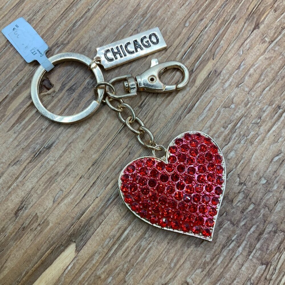 Red Rhinestone Heart Gold Tone "Chicago" Key Chain Purse Charm